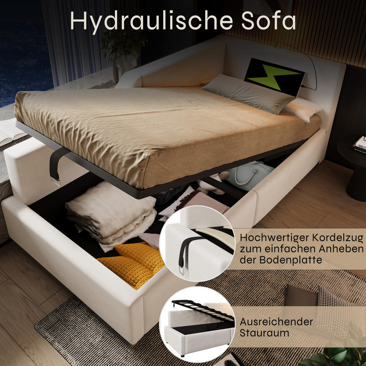 TAGESBETT 90x200cm Schlafsofa hydraulisch USB-C Leselicht Beige Samt - Beige, Holz - FLIEKS