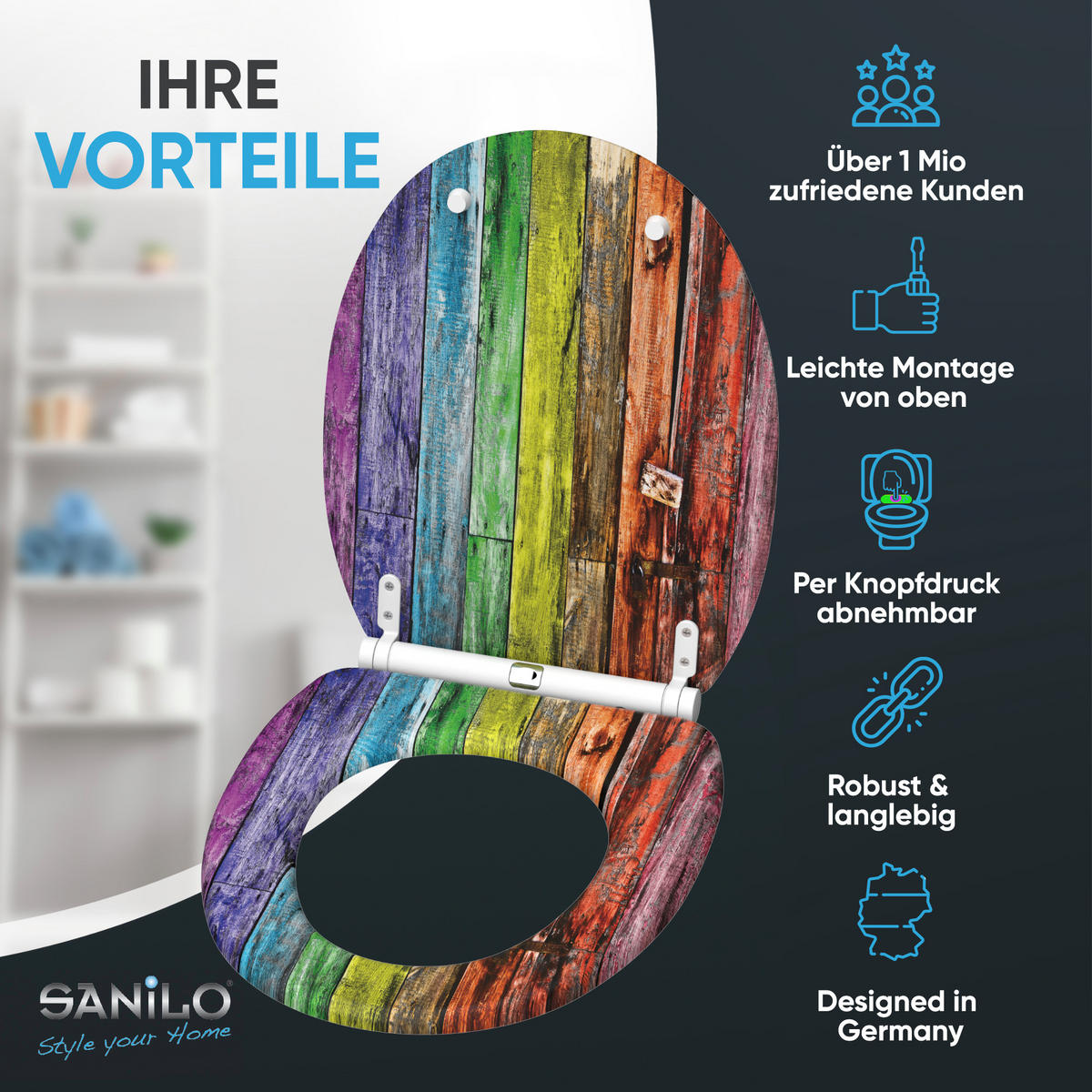 WC-SITZ mit Absenkautomatik & Top Fix Rainbow - Multicolor, Holzwerkstoff (37.7/5.5/48cm) - Sanilo