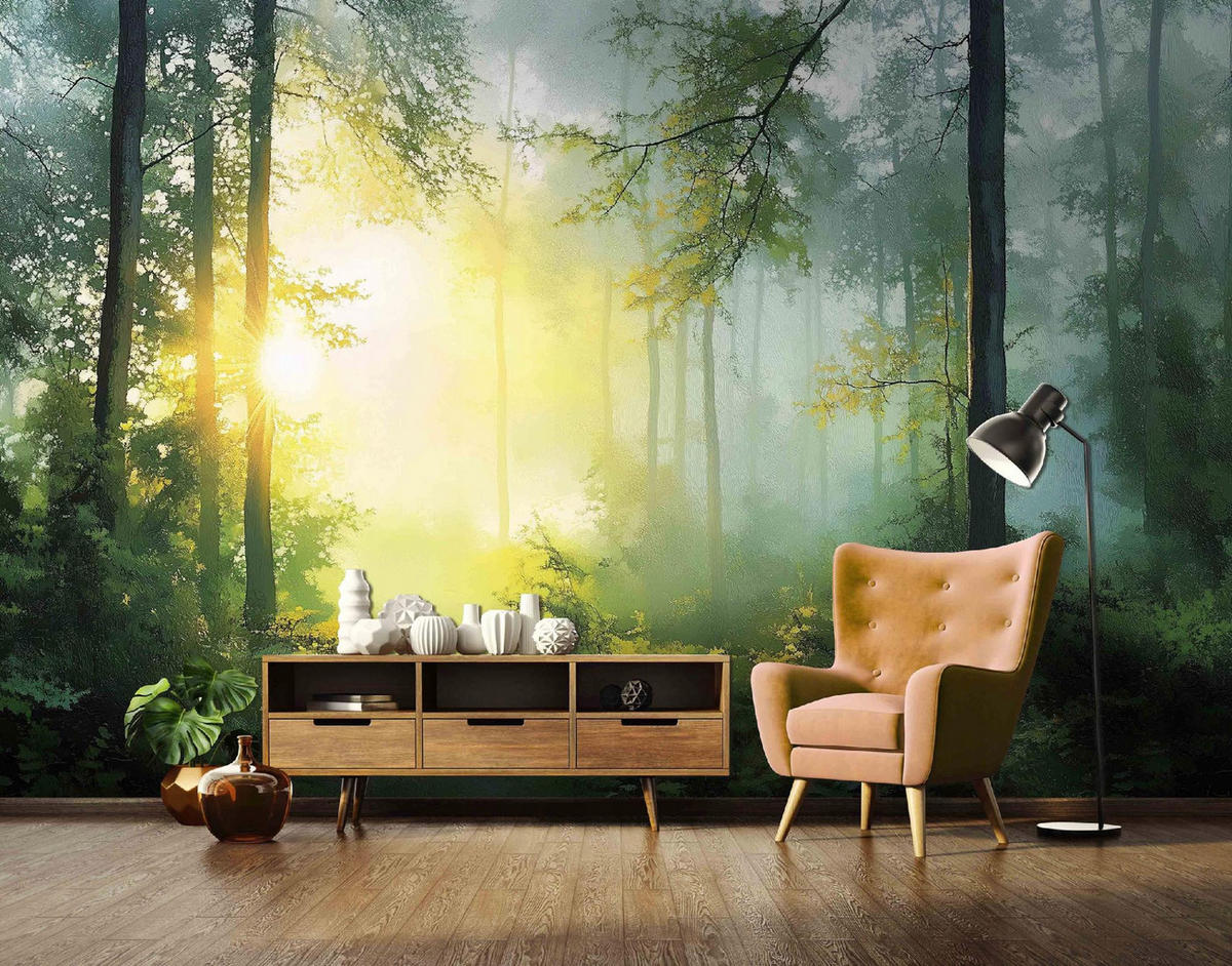 FOTOTAPETE 3D Effekt Wald Sonne Wohnzimmer 200x140 - Multicolor, Papier (200/140cm) - Wallarena