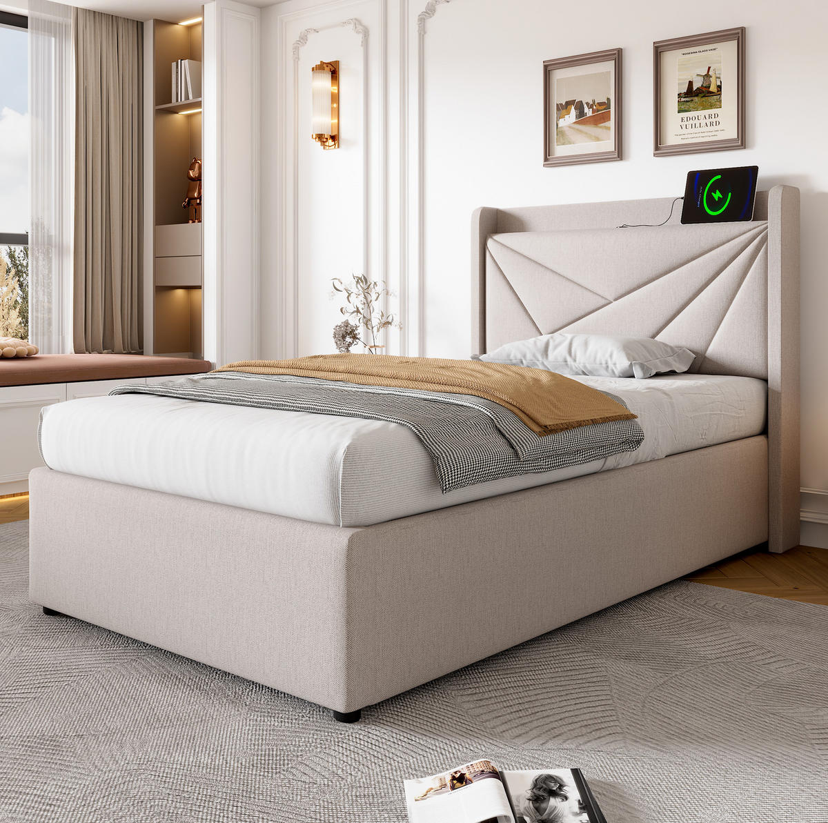 POLSTERBETT 90/200 cm mit Bettkasten, USB-C und gepolstertem Kopfteil - Beige, Textil (90/200cm) - BEAOK