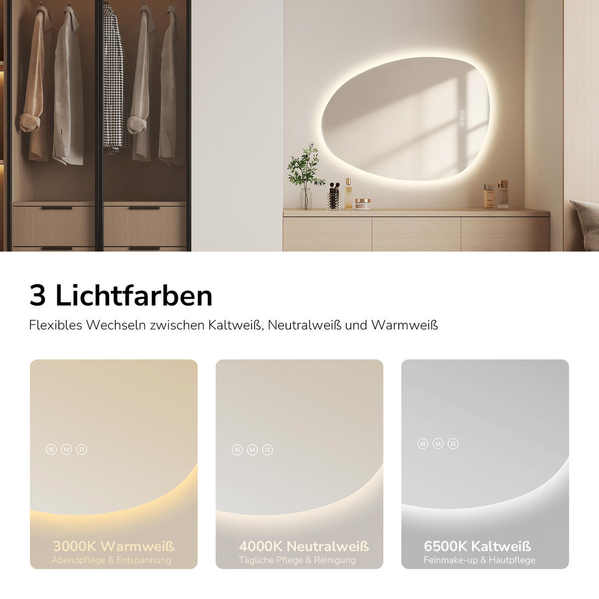 BADSPIEGEL mit Beleuchtung, Anti-Beschlag 75/55/3 cm - Weiß, Glas (55/2.9/75cm) - EMKE
