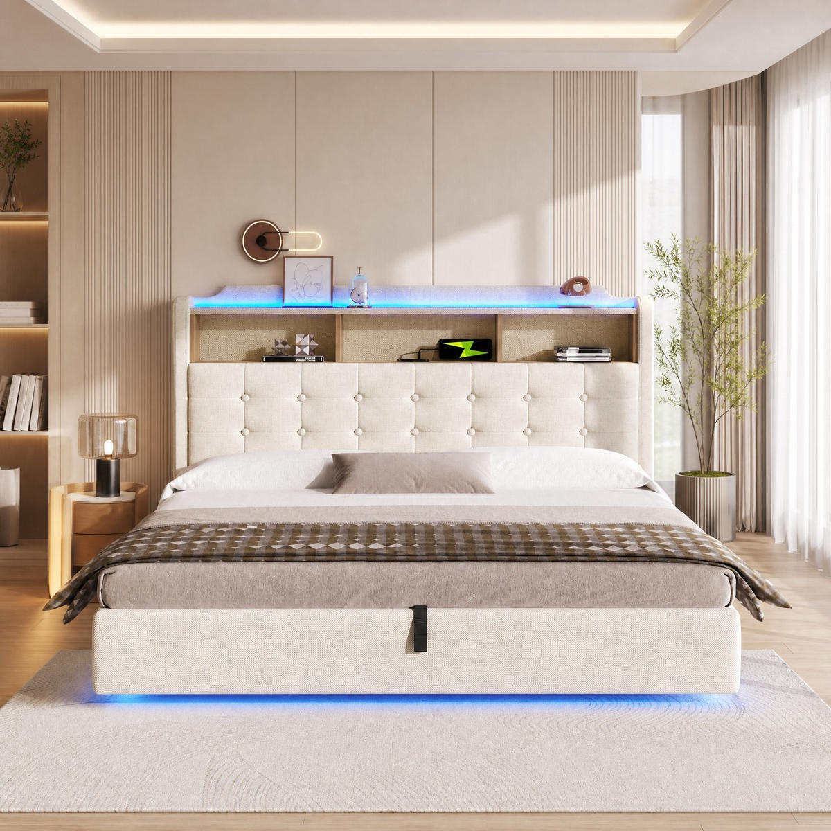 POLSTERBETT 180/200 mit Bettkasten, LED und USB in Beige - Beige, Holzwerkstoff/Textil (180/200cm) - EVRYAE