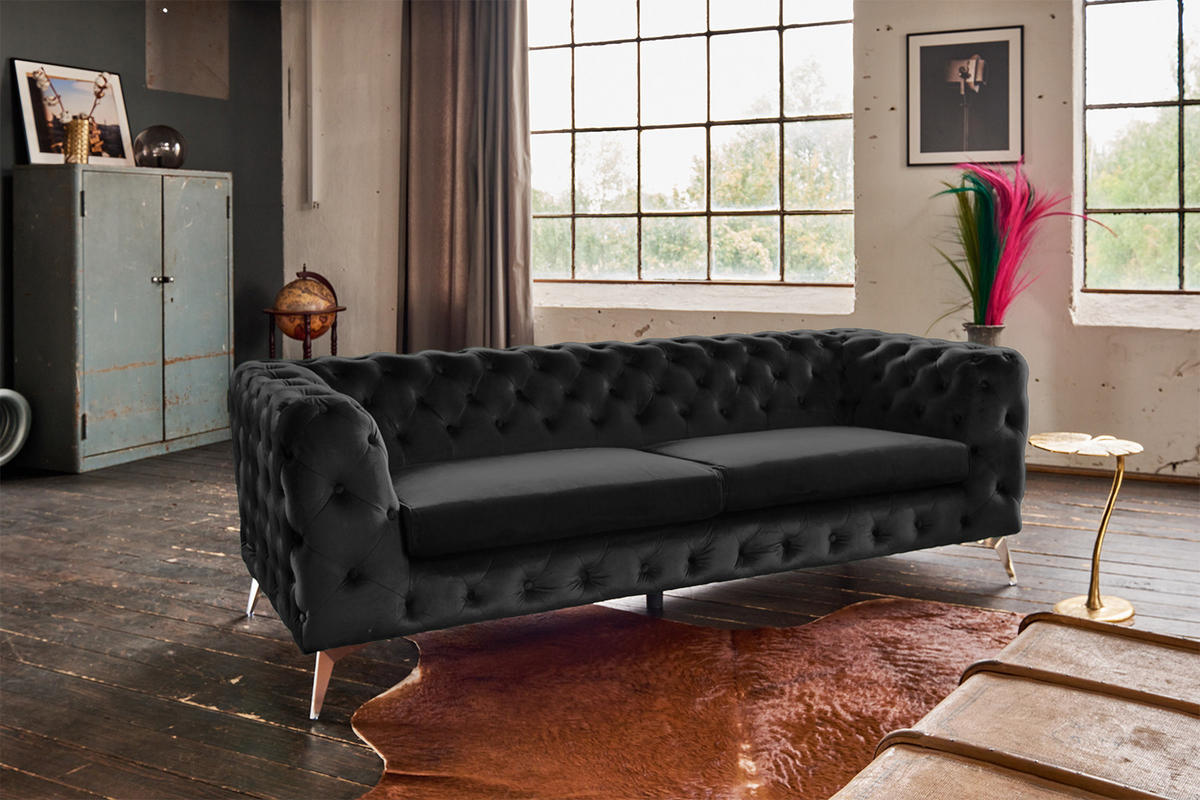 SOFA NARLA Schwarz Velvet - Silberfarben/Schwarz, Textil (219/68/84cm) - KAWOLA