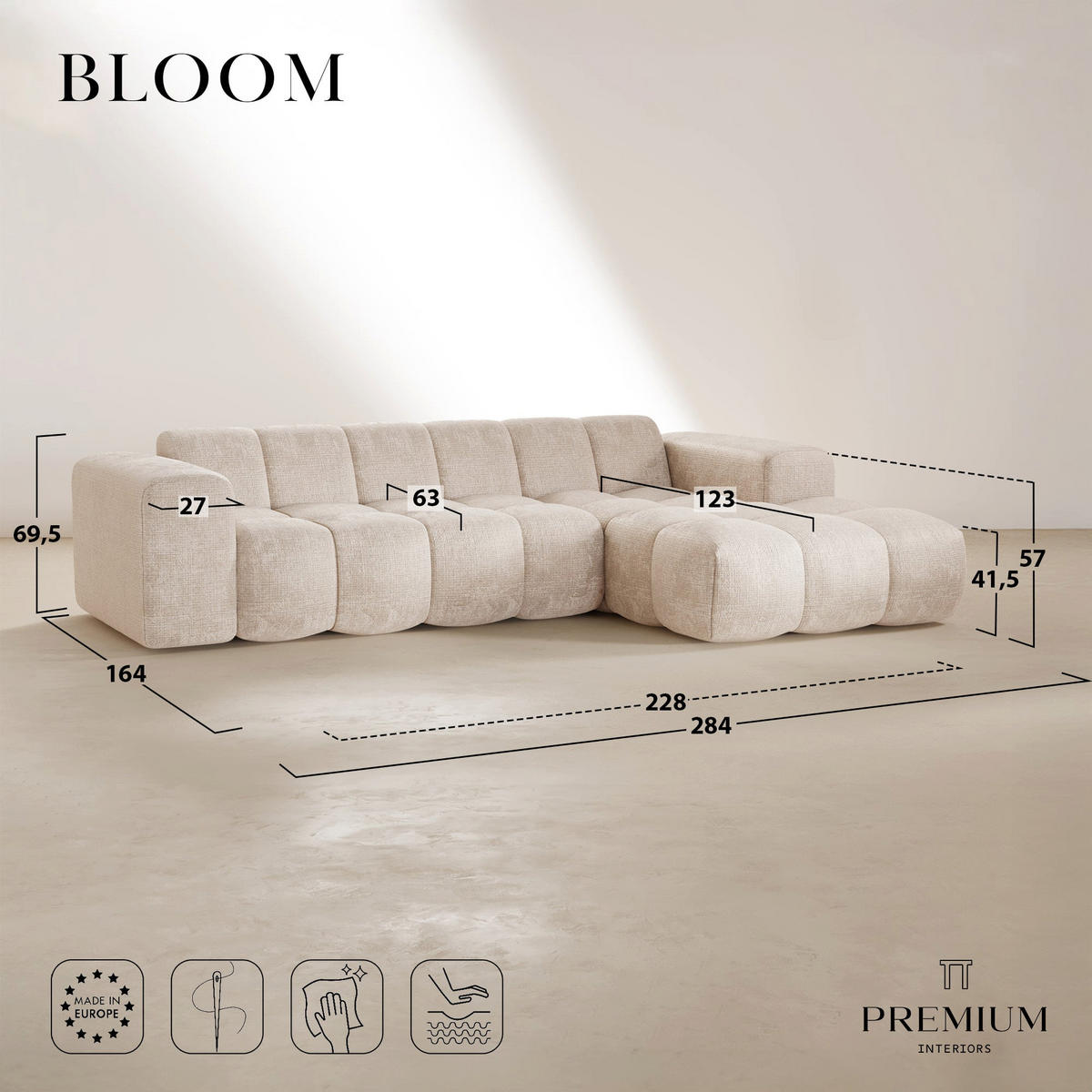 ECKSOFA rechtwinklig BLOOM Geprägter Samt Anthrazitgrau 284cm - Dunkelgrau/Anthrazit, Textil (284/164cm) - Premium Interiors