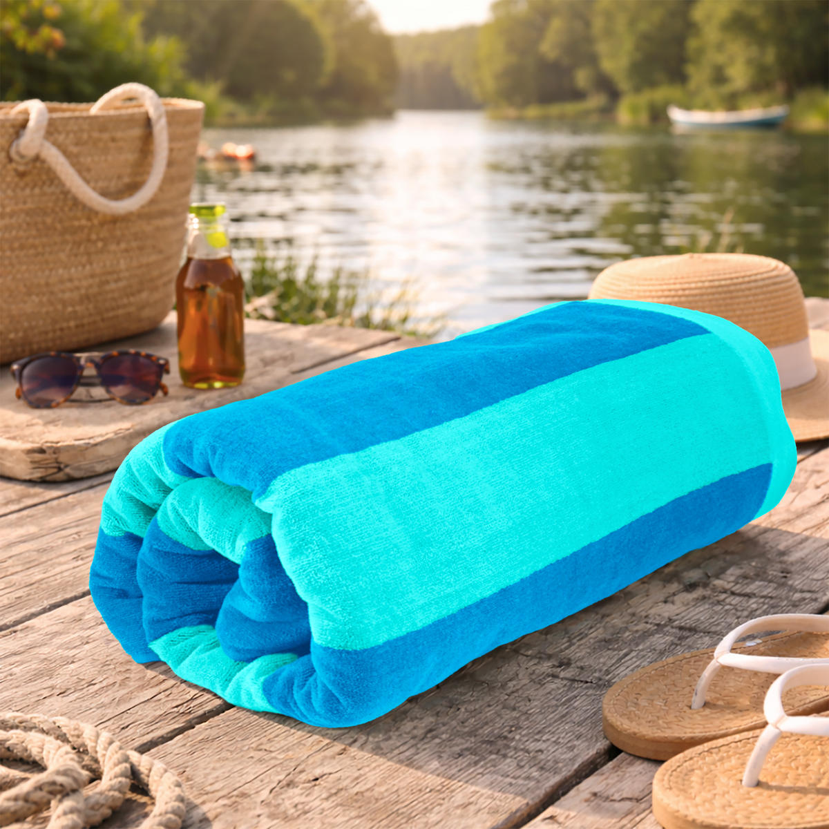 STRANDTUCH Riviera Frottee Velours 90x180 cm 480g/m² - Türkis/Blau, Naturmaterialien (90/180cm) - Lashuma