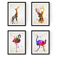POSTER Set mit 4 Flamenco, Strauß, Hirsch und Giraffe A3 Rahmenlos - Klar, Papier (29.7/3cm) - Nacnic