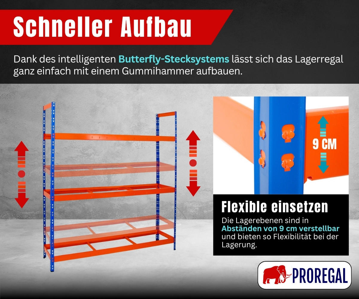 REIFENREGAL Tiger XL 200x180x45 cm 300 kg Fachlast bis zu 21 Reifen auf 3 Ebenen Blau/Orange - Blau/Orange, Metall (180/200/45cm) - PROREGAL