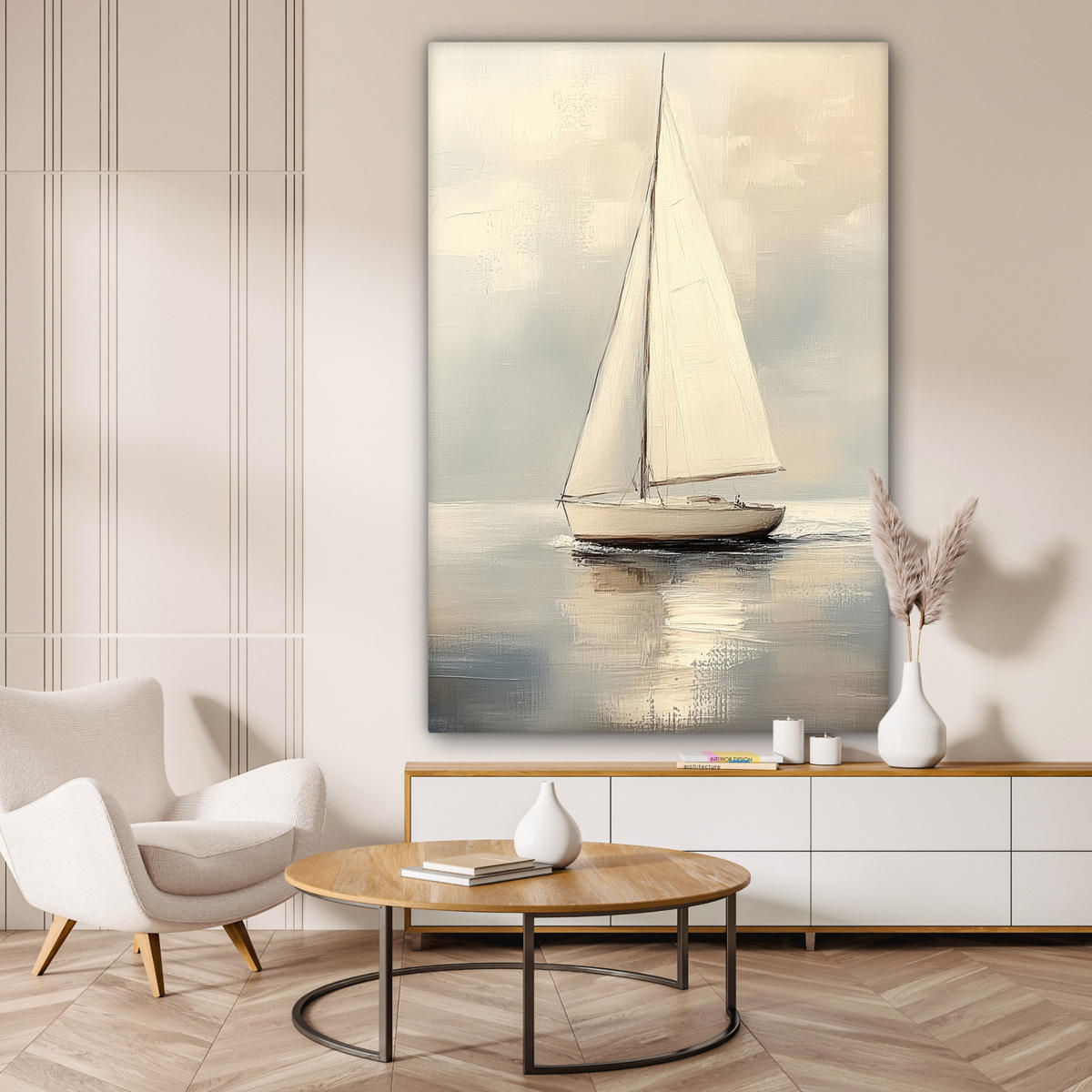 OBRAZ NA PLÁTNĚ Plachetnice - Moře - Oblačno 90x140 cm - krémová, textil (90/140cm) - MuchoWow