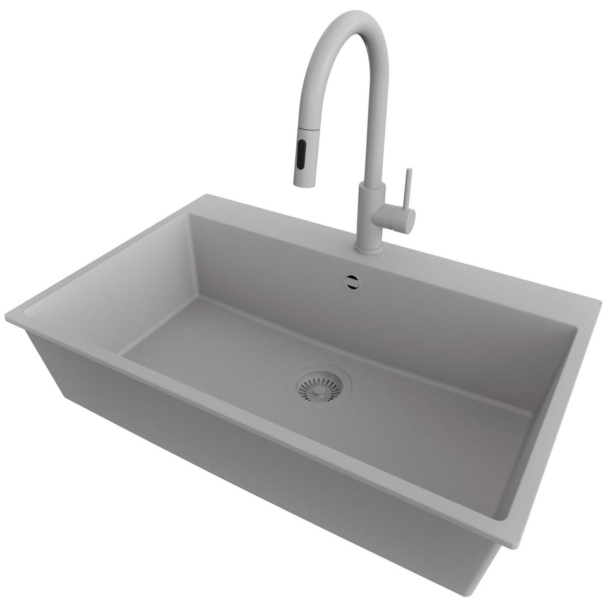 GRANITSPÜLE Riga, 2-er set Grau 78/50 cm 1 Becken + Küchenarmatur 40/20 cm + Ablauf-Set ab 80er Unterschrank - Grau, Kunststoff (78/20/50cm) - Primagran