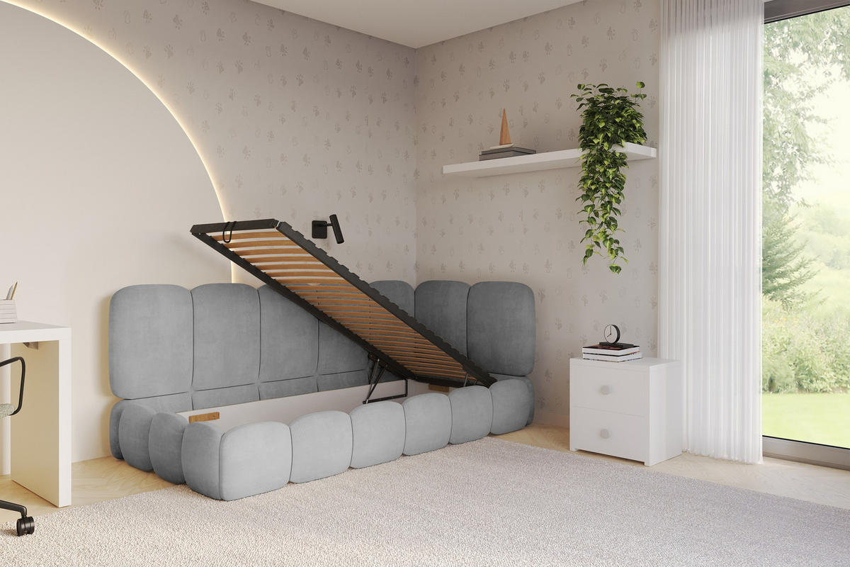 EINZELLBETT Jugendbett mit Bettkasten, Links - AVRY 100x200 Grau - Hellgrau/Grau, Holzwerkstoff/Textil (100/200cm) - ALTDECOR