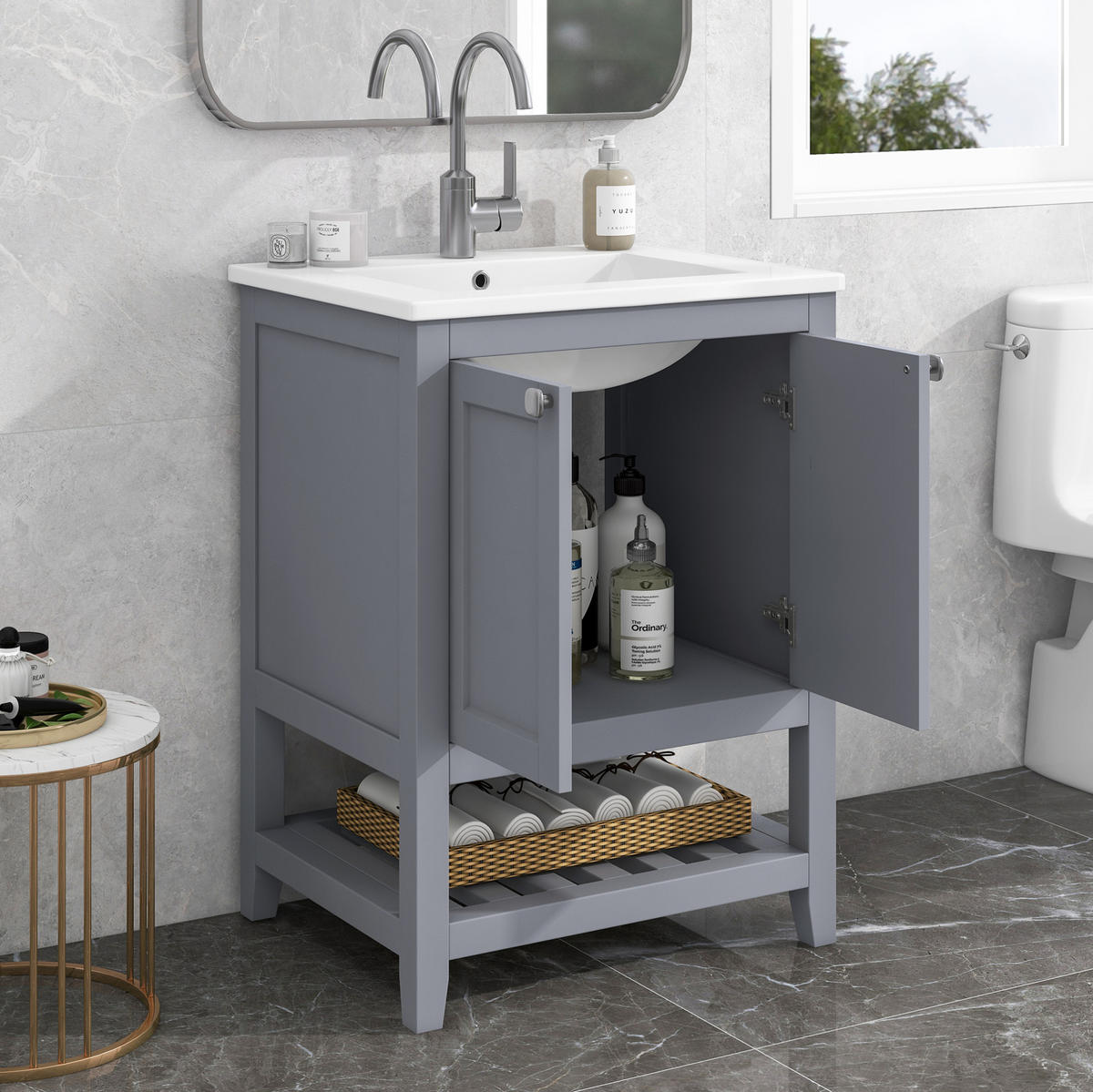 WASCHTISCH mit Unterschrank und Keramikbecken 60 cm Grey+White 2-tlg. - Grau, Holzwerkstoff (46/90/61cm) - Beauniv