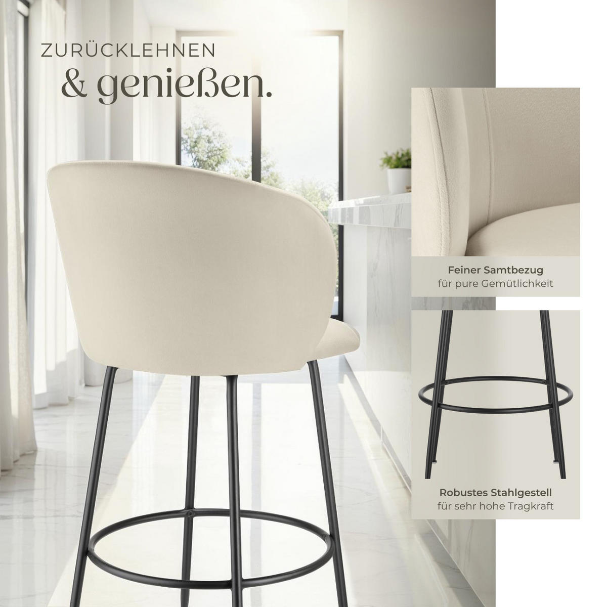 BARSTUHL Luana,51 x 60 x 106 cm, Belastbarkeit 120 kg,creme/schwarz - Creme/Schwarz, Kunststoff (51/106/60cm) - tectake