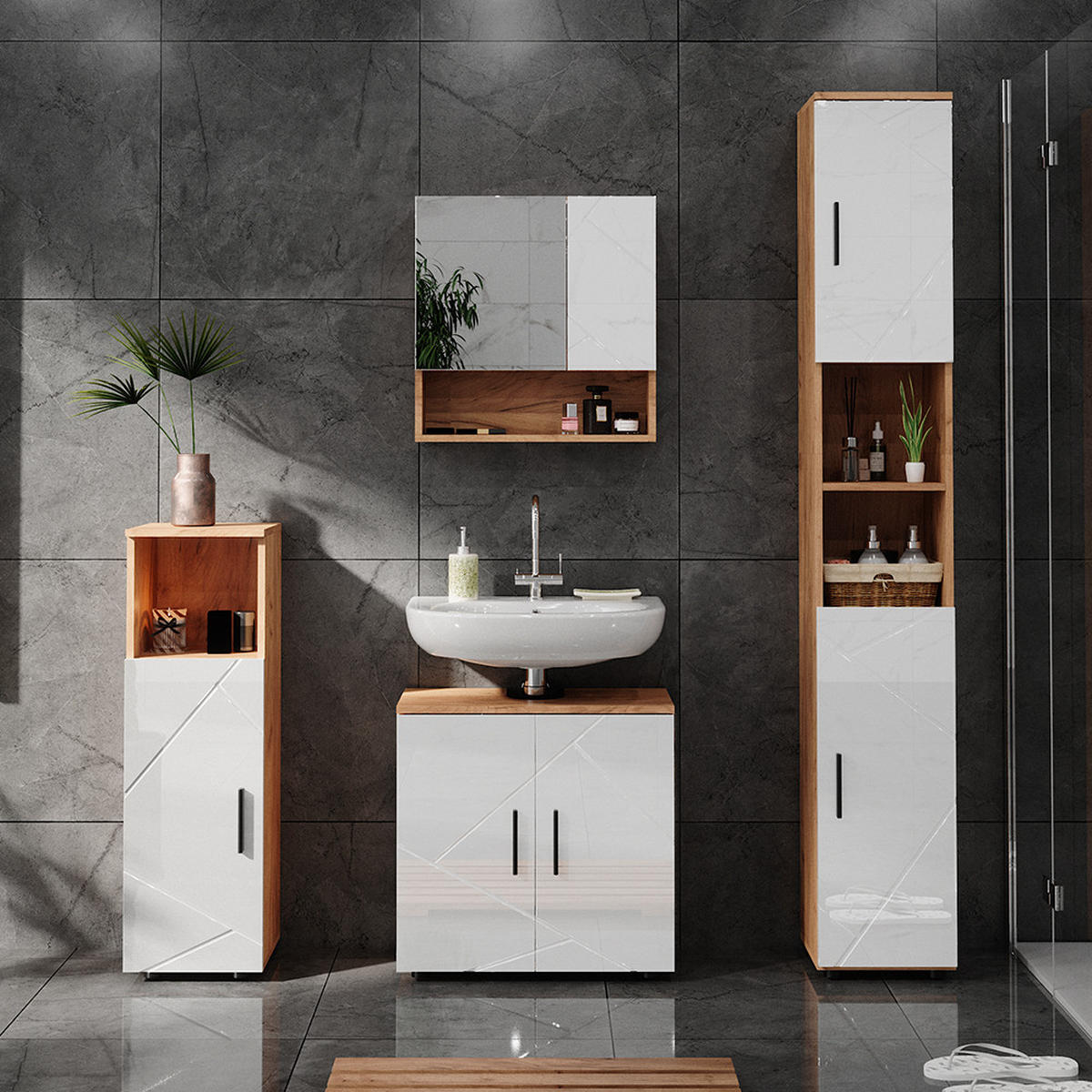 BADSCHRANK Irma Eiche 30 x 192 cm mit Türen, und offenen Fächern - Weiß Hochglanz, Holzwerkstoff (30/192/30cm) - Vicco