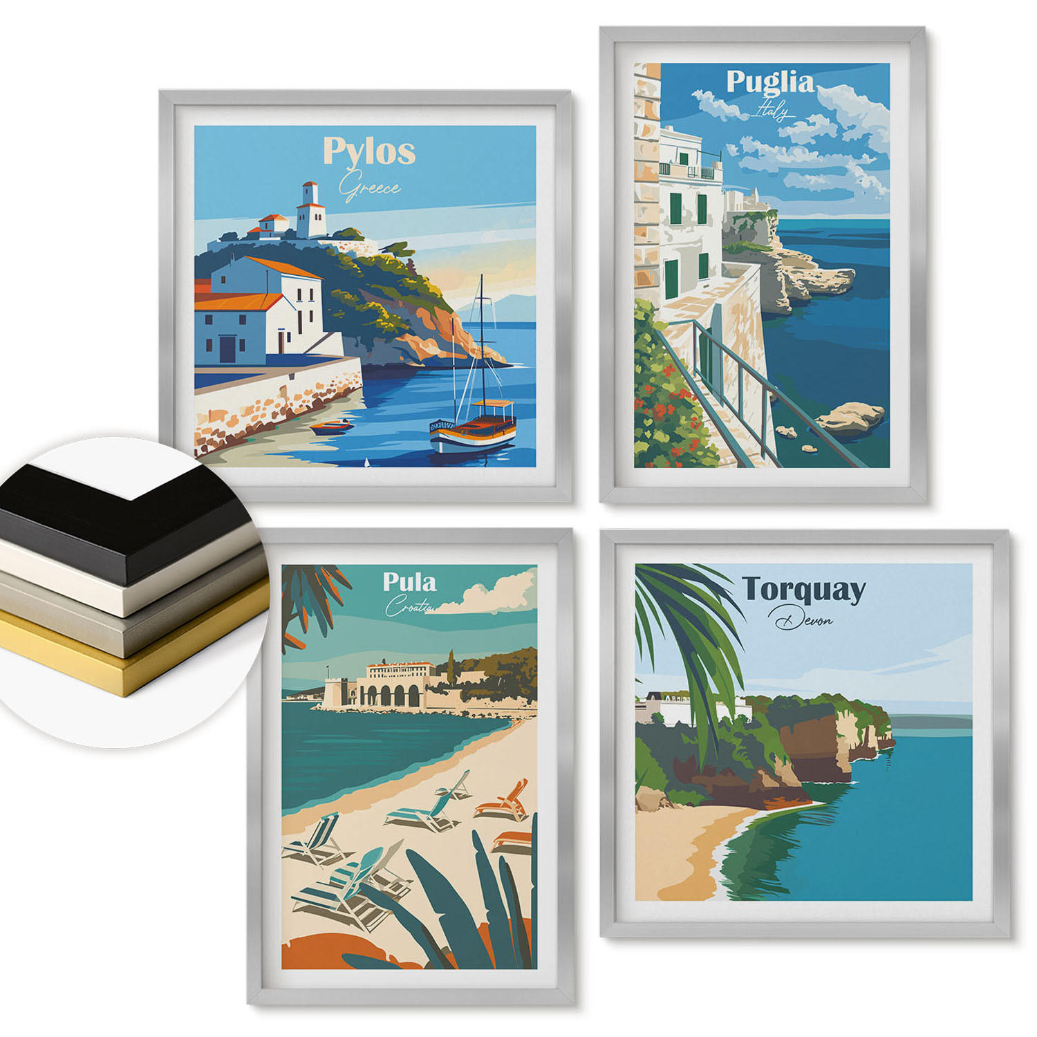 WANDBILDER 4er Set - 50x50 cm & 40x60 cm Silberner Rahmen - Touristische Küstenlandschaften - Silberfarben, Kunststoff (50/50cm) - ArtPrintCave