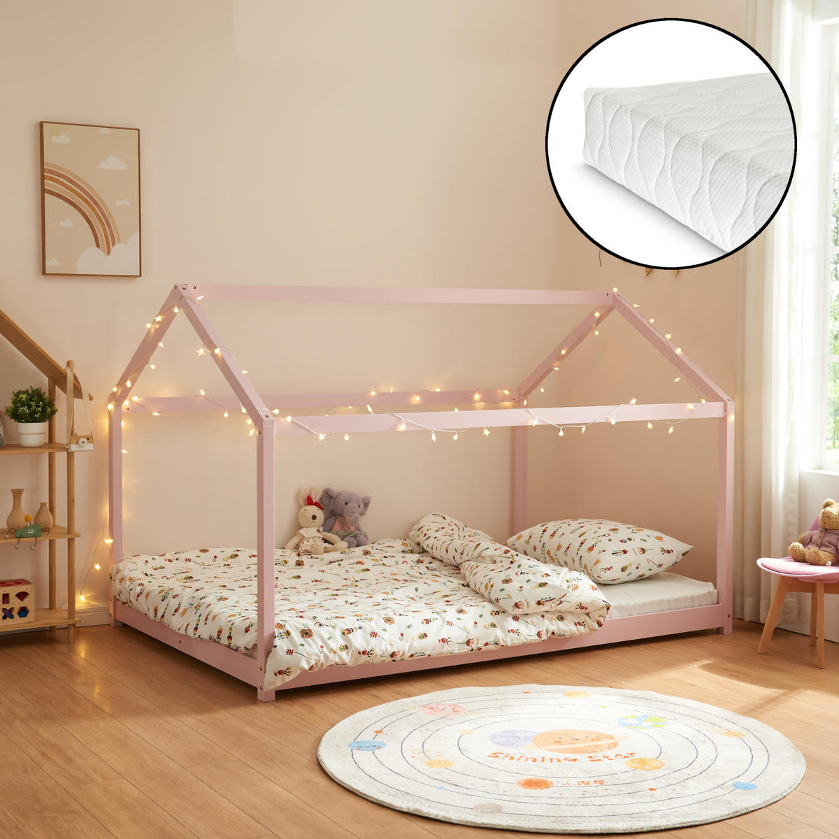 HAUSBETT Cerro mit Matratze - Rosa, Holz/Textil (120/200cm) - [en.casa]