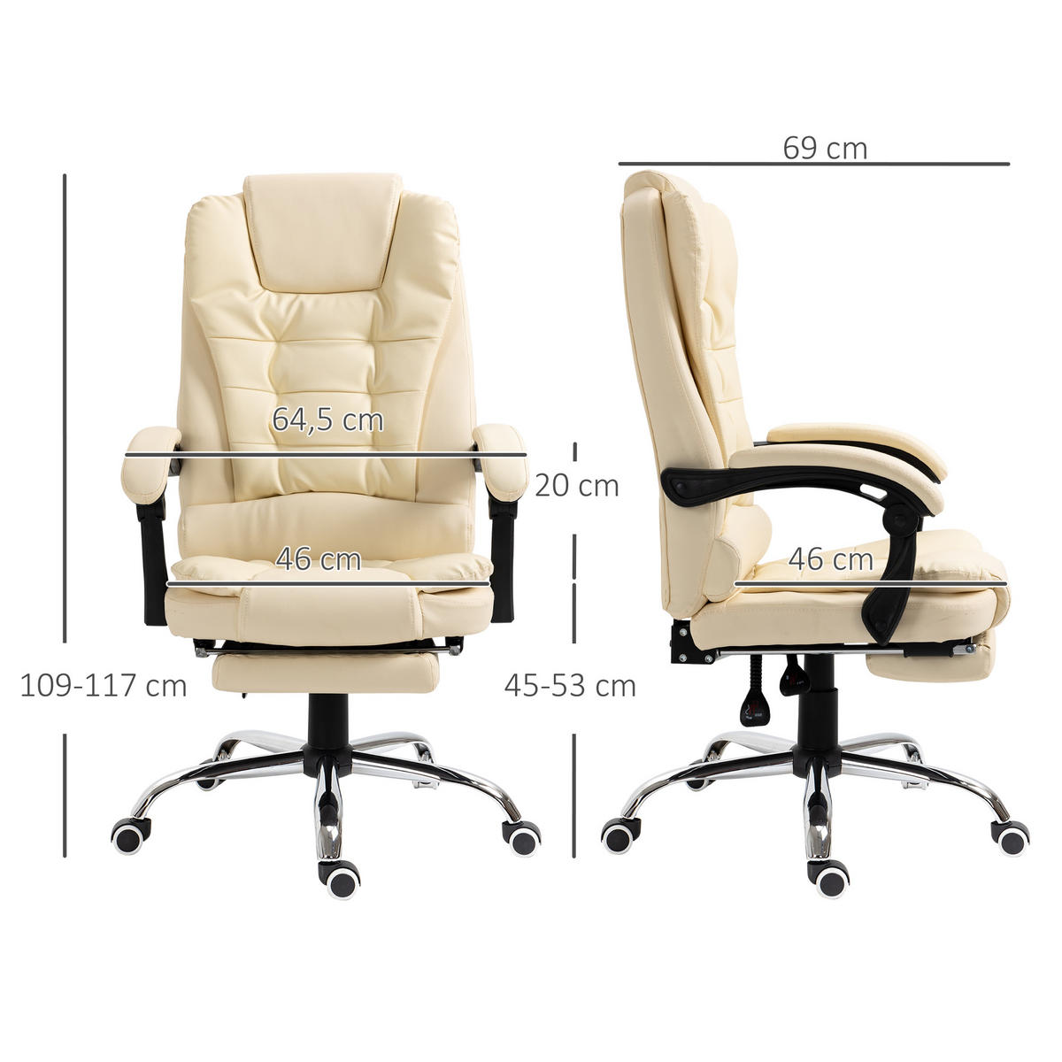 CHEFSESSEL Bürostuhl mit Fußstütze, Schreibtischstuhl mit Neigefunktion Creme - Creme, Leder (69/117/64.5cm) - HOMCOM
