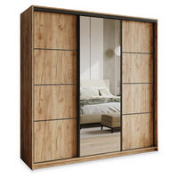 SCHWEBETÜRENSCHRANK VARO 180/205/60 cm 3-türig mit Spiegel und Schubladen Craft Eiche Gold - Schwarz/Orange, Holzwerkstoff (180/205/60cm) - MASSENO