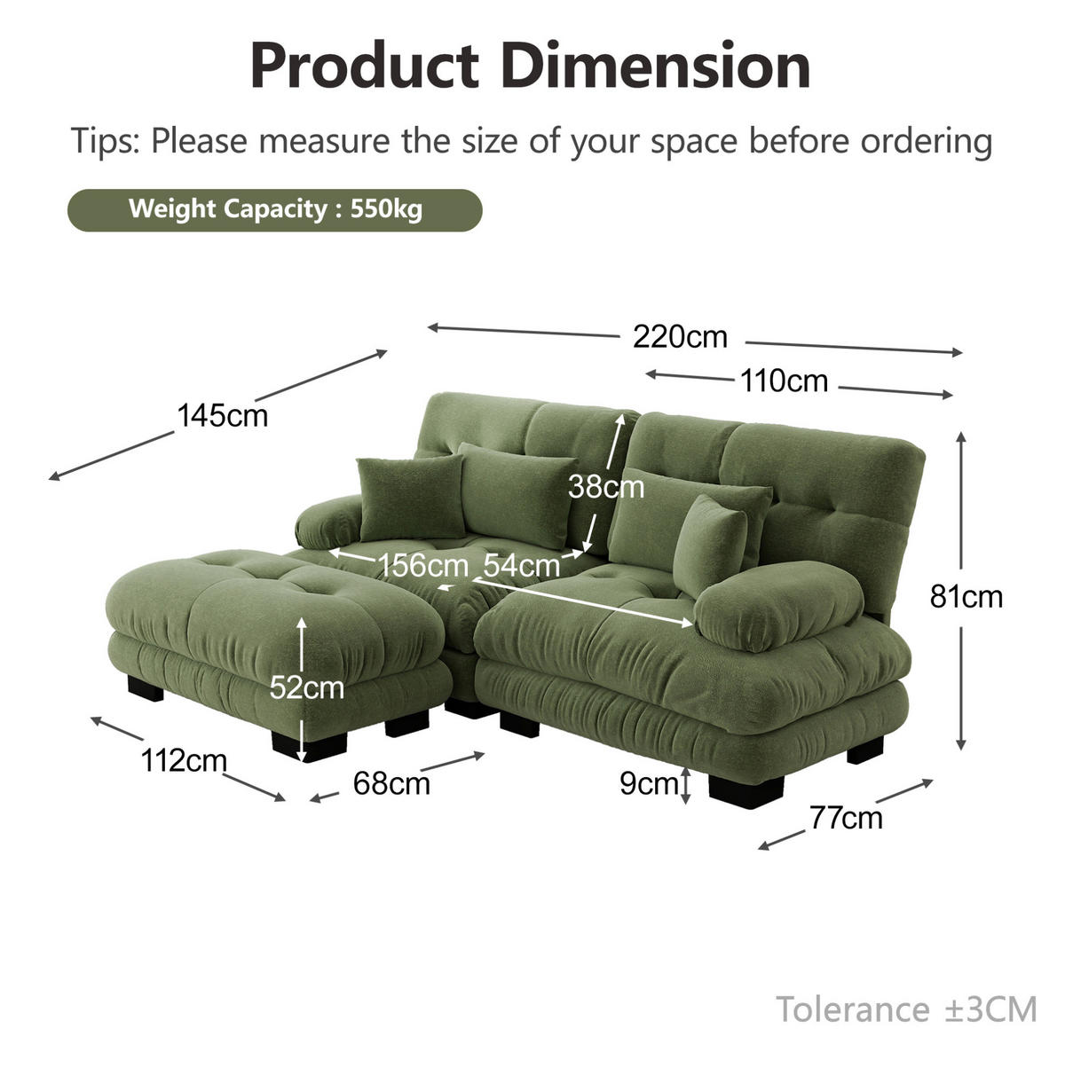 SOFA modular Chenille Green mit beweglichen Ottomans - Grün, Holzwerkstoff (145/220cm) - Meubliv