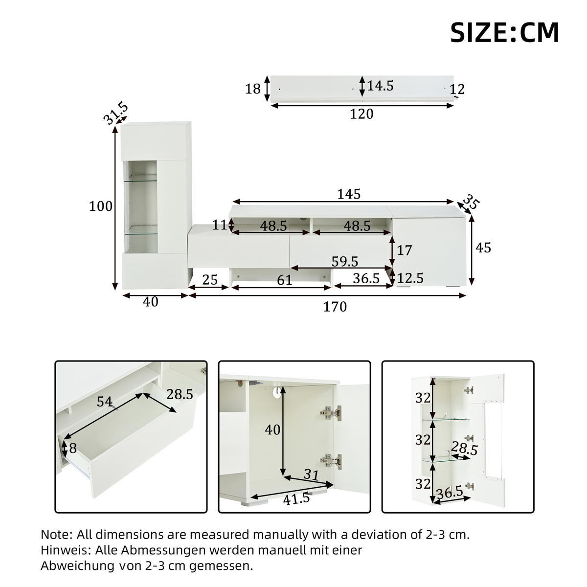 WOHNWAND 3-teilig LED Hochglanz Weiß TV Schrank - Weiß, Glas (170/45/35cm) - FLIEKS