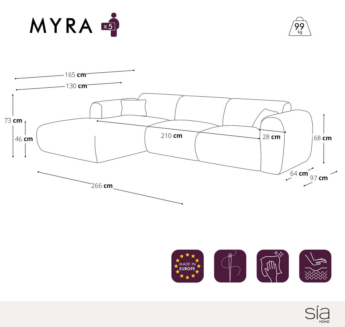 SOFA große Ecke links Tissu tramé Hellgrau 280cm - Hellgrau/Grau, Textil (165/280cm) - Sia Home