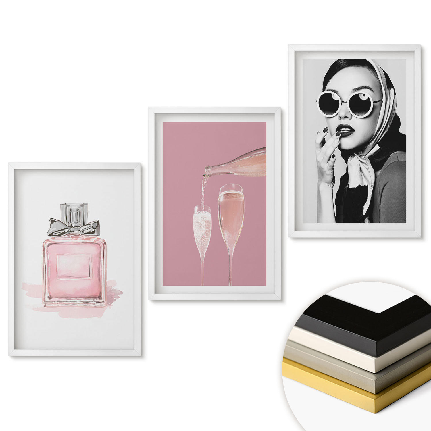 WANDBILDER 3er-Set - 40x60 cm Weißer Rahmen - Stilvolle pinkfarbene Accessoires - Weiß, Kunststoff (40/60cm) - ArtPrintCave