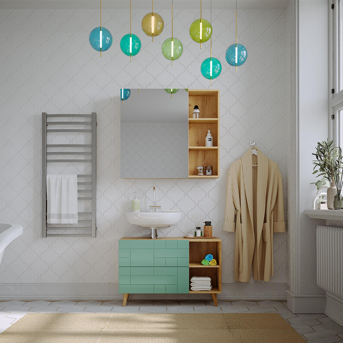 BADMÖBEL-SET Rudi Mintgrün 2 Teile - Eichefarben/Mintgrün, Holzwerkstoff (90/59/32cm) - Vicco