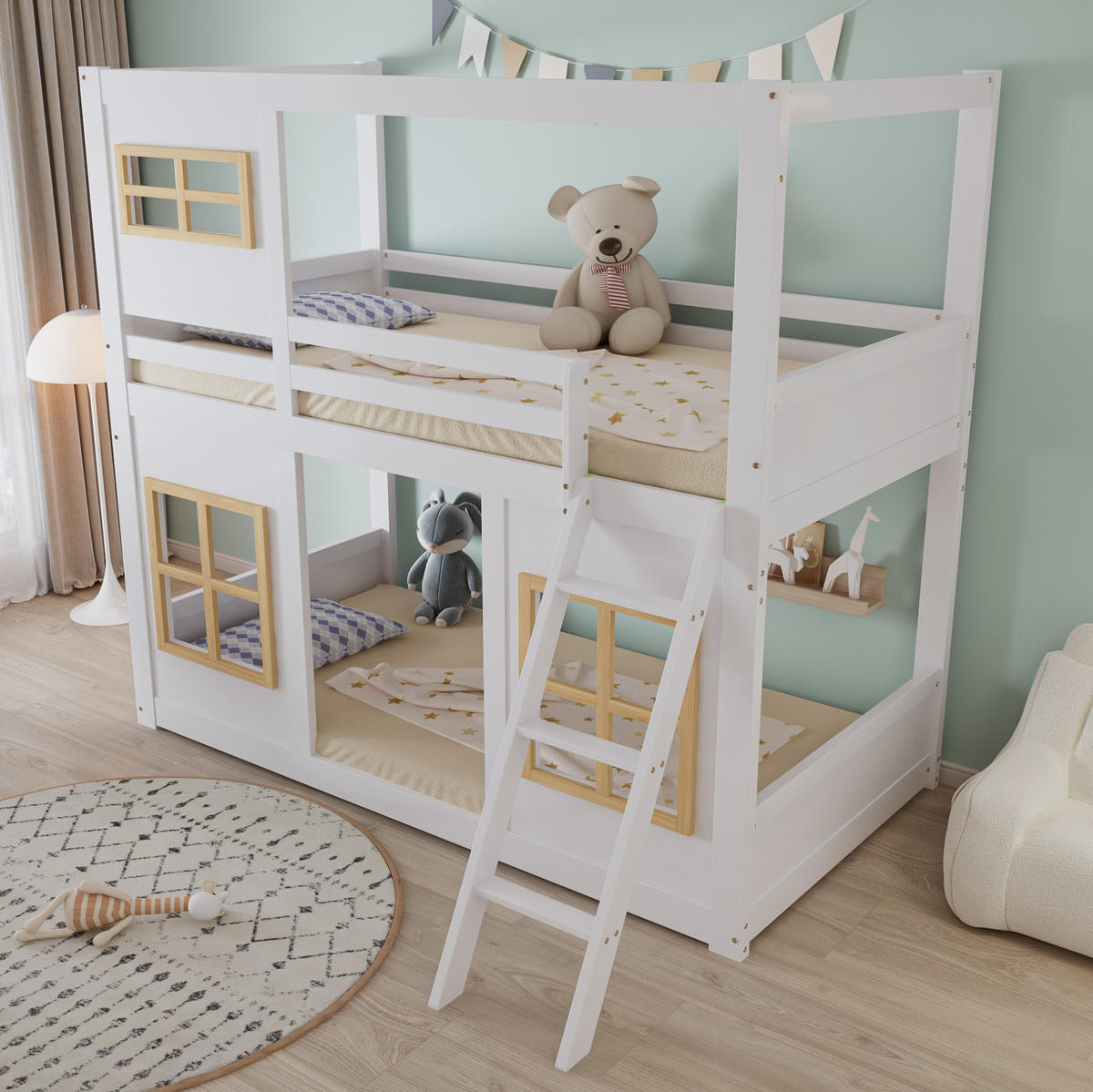 ETAGENBETT aus Kiefer und MDF 90x200 cm Weiß/Natur mit Fenstern, Trittleiter und vierseitigem Rausfallschutz - Weiß, Holzwerkstoff (90/200cm) - Modfu