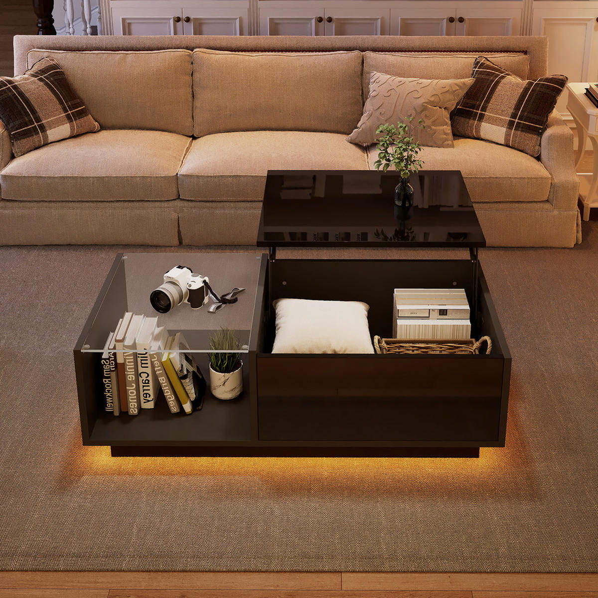 COUCHTISCH 100x50cm LED Höhenverstellbar Schwarz Hochglanz Stauraum - Schwarz, Holz (109.22/57.15/12.7cm) - FLIEKS