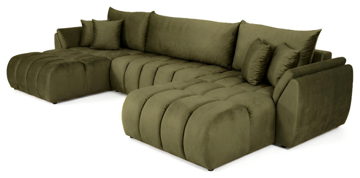 ECKSOFA Iris U mit Schlaffunktion und Bettkasten, U-Form – Olivgrün Samt 382/184/85 cm - Schwarz/Olivgrün, Kunststoff/Textil (382/184cm) - WFL GROUP