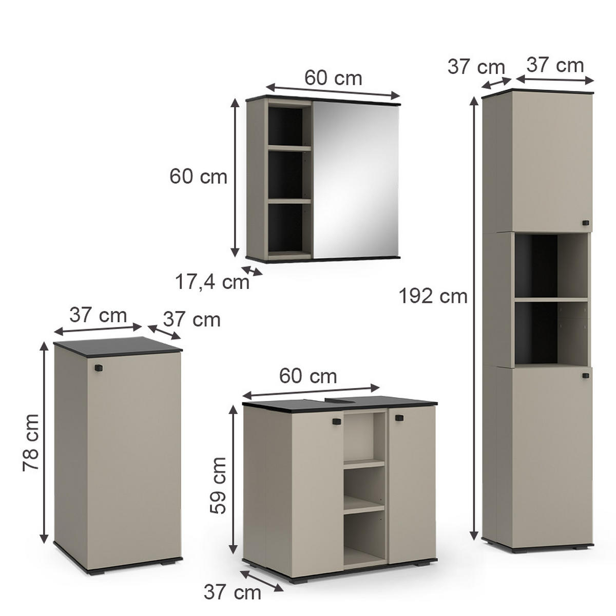 BADMÖBEL-SET Joli Greige 4 Teile, mit Hochschrank und Midischrank - Greige/Schwarz, Holzwerkstoff (60/59/37cm) - Vicco