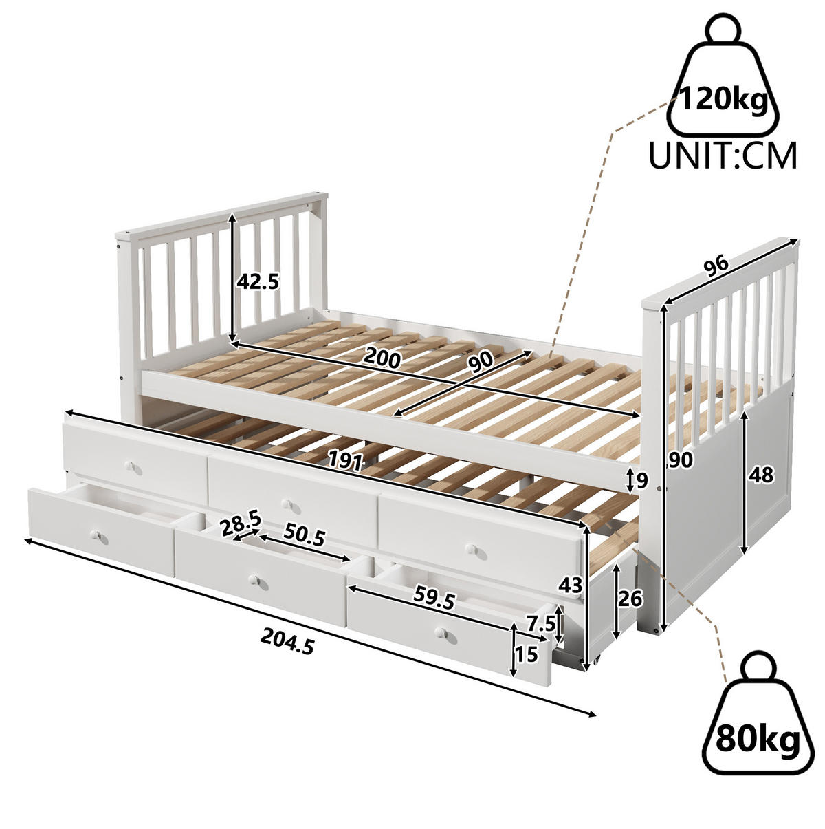 TAGESBETT 90/200 cm mit Ausziehbett, 3 Schubladen und rahmen, Weiß - Weiß, Holzwerkstoff (90/200cm) - Redom