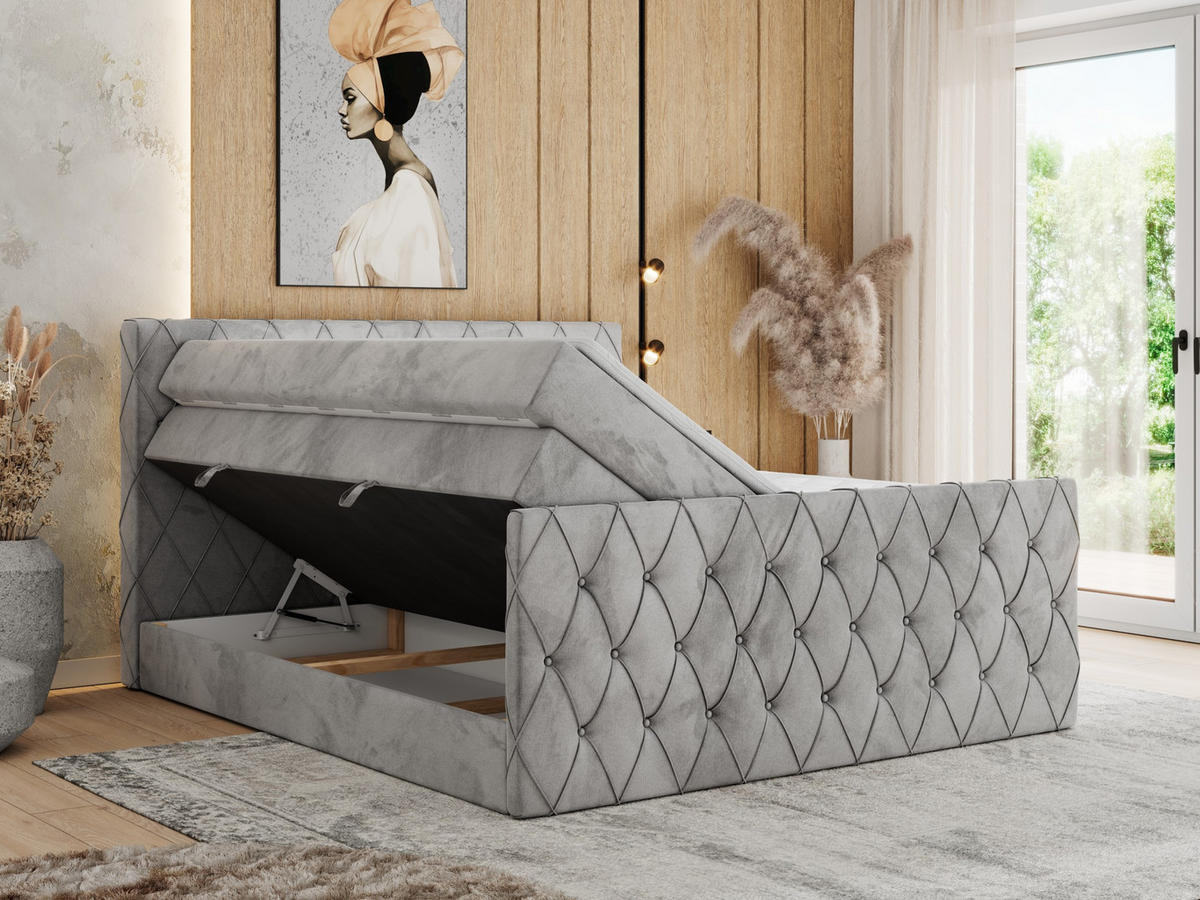 BOXSPRINGBETT MIREN KING DUO 180/200 Hellgrau Velvet - H3 - Hellgrau, Holz/Textil (180/200cm) - MKS