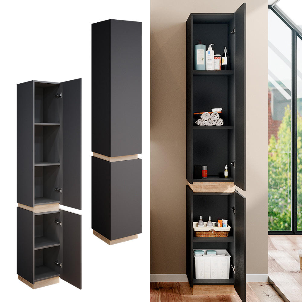 BADSCHRANK Gloria Anthrazit 33 x 197.5 cm mit 2 Türen - Anthrazit/Sonoma Eiche, Holzwerkstoff (33/197.5/35cm) - Vicco