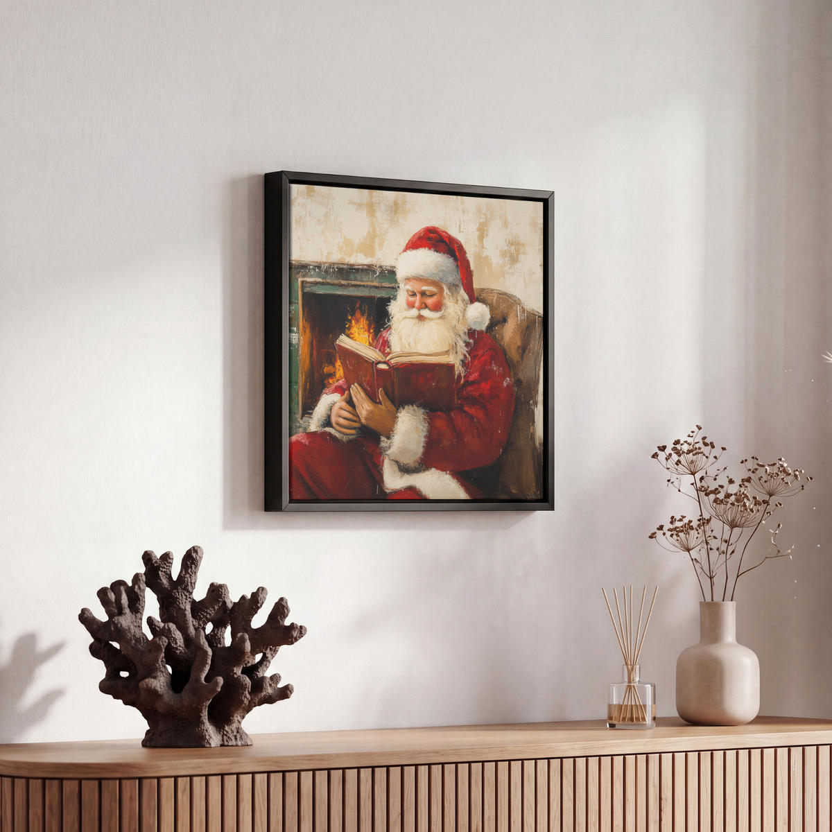 LEINWAND Bilder mit Rahmen - Weihnachten - Weihnachtsmann - Winter - Open Fireside - 20x20 - Dunkelrot, Textil (20/20cm) - MuchoWow