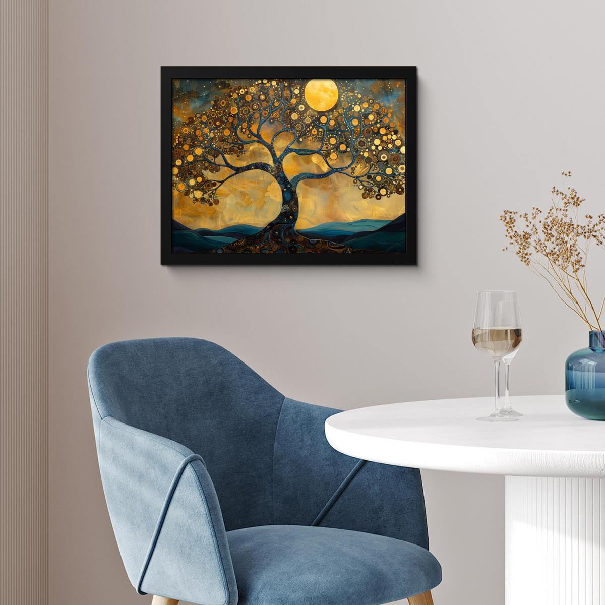 POSTER MIT RAHMENGERAHMTES BILD Baum - Mond - Blumen - Gold - Kunst 40x30 cm - Orange, Papier (40/30cm) - MuchoWow