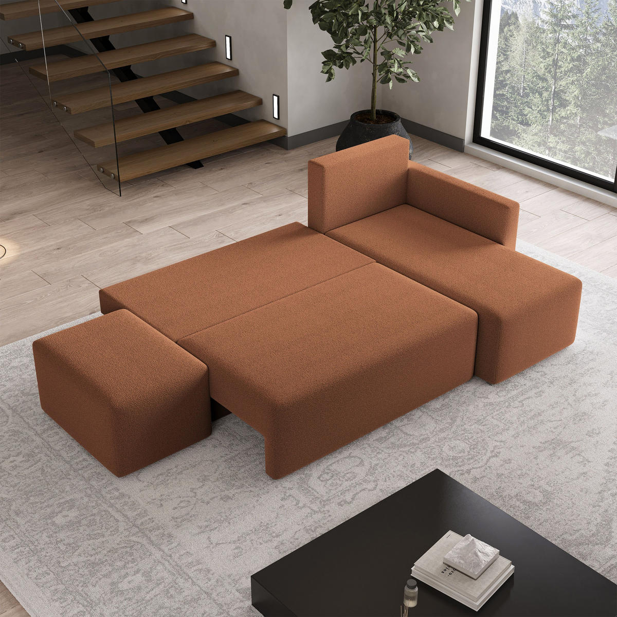 ECKSOFA VELOTTI R-S Kupferfarben Boucle-Stoff mit Schlaffunktion - Kupferfarben, Holz (261/143cm) - MASSENO