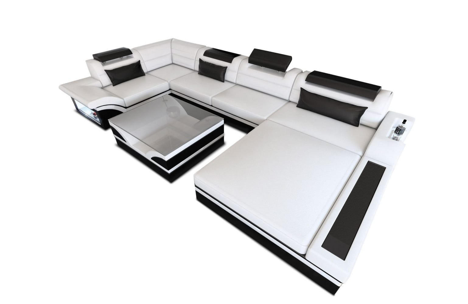 SOFA Mezzo U Weiß Schwarz Echtleder - Weiß, Leder (372/78/214cm)