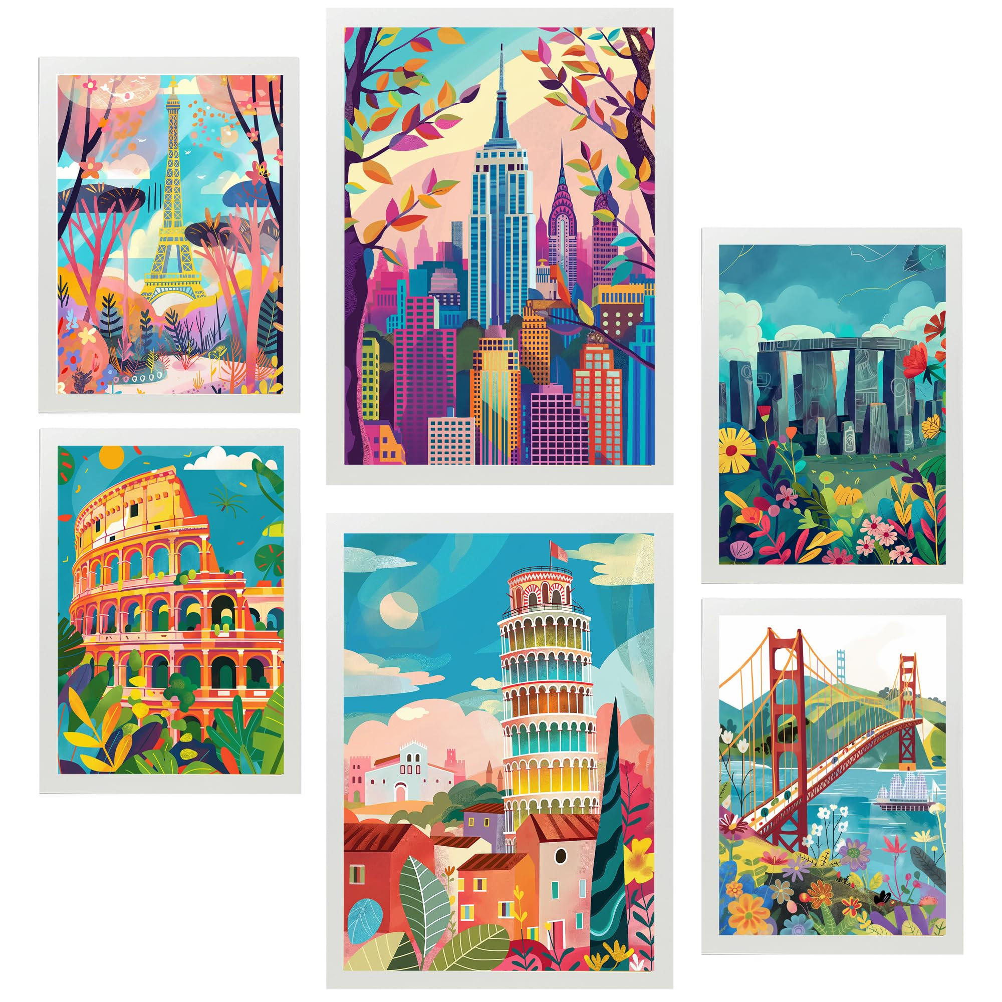 POSTER Set Mit 6 Von Mary Blair Inspirierte Eiffel Kolosseum Pisa Golgentor Stonehenge Empire State A3 & A4 Weißer Rahmen - Weiß, Papier (29/3cm) - Nacnic