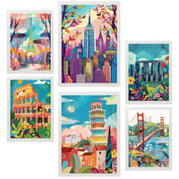 POSTER Set Mit 6 Von Mary Blair Inspirierte Eiffel Kolosseum Pisa Golgentor Stonehenge Empire State A3 & A4 Weißer Rahmen - Weiß, Papier (29/3cm) - Nacnic