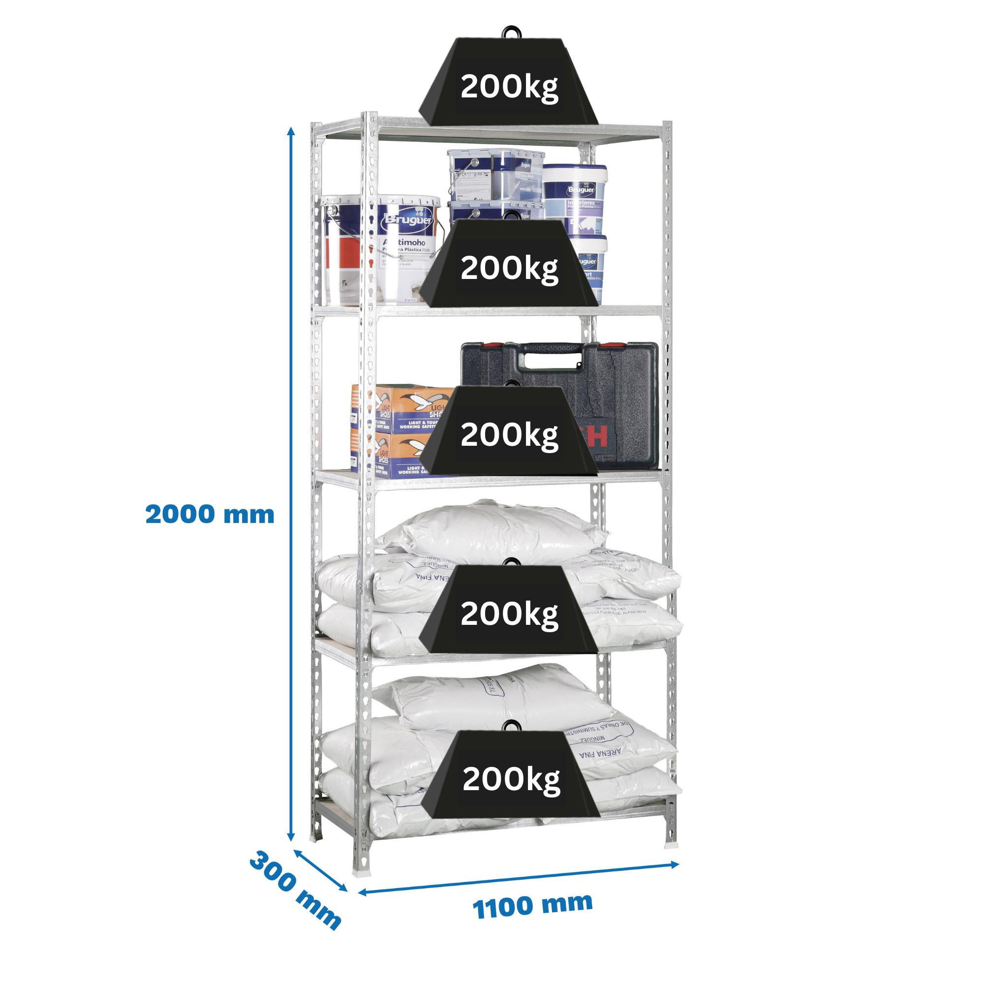 SCHWERLASTREGAL Big Muli HxBxT 200 x 110 x 30 cm 5 Fachböden Fachlast 200 kg Weiß - Weiß, Metall (110/200/30cm) - PROREGAL