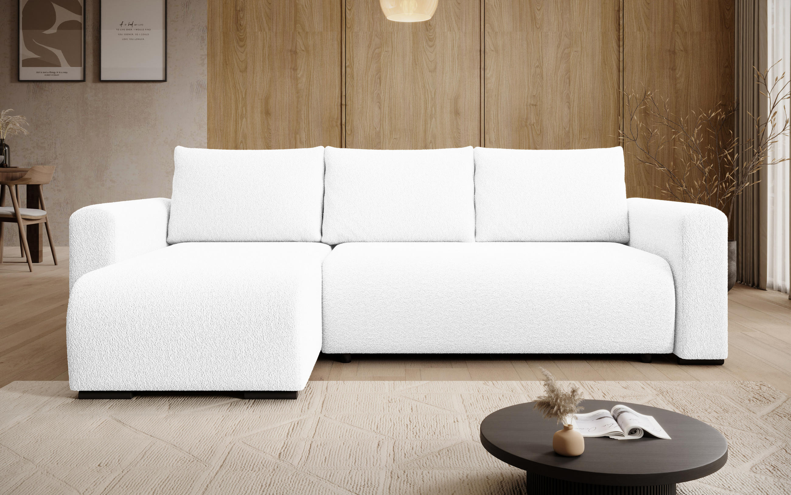 ECKSOFA DORA L, Eckcouch in L-Form mit Schlaffunktion und Bettkasten, Farbe: Weiß, Bouclé-Stoff, Ottomane Links - Weiß, Textil (240/143cm) - Storez24