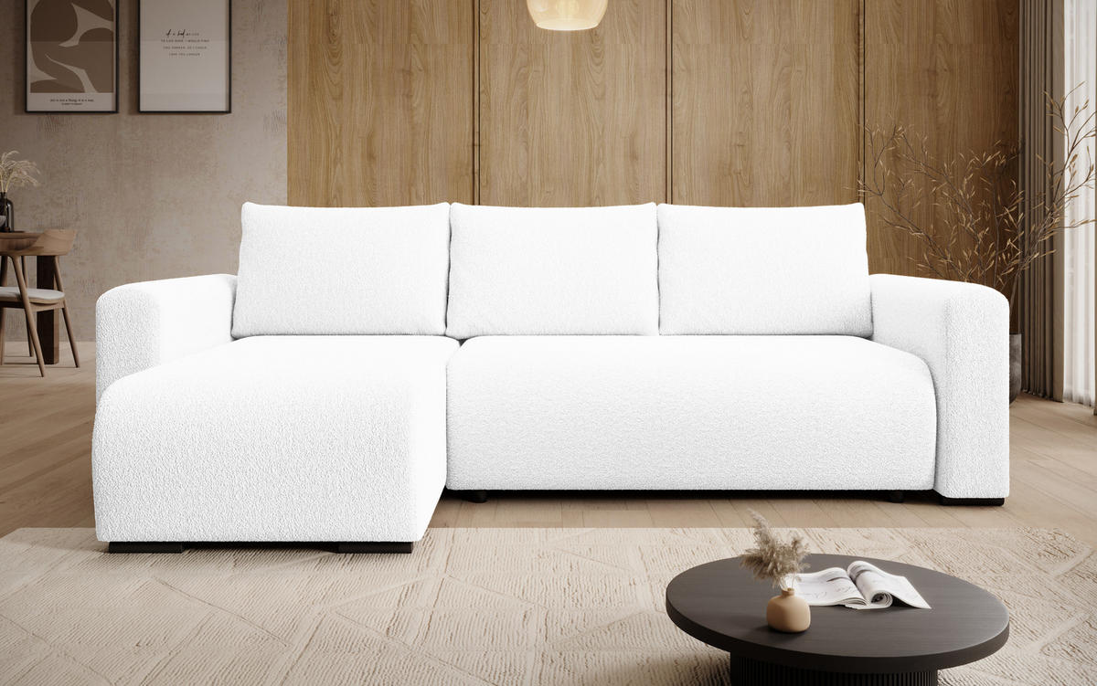 ECKSOFA DORA L, Eckcouch in L-Form mit Schlaffunktion und Bettkasten, Farbe: Weiß, Bouclé-Stoff, Ottomane Links - Weiß, Textil (240/143cm) - Storez24