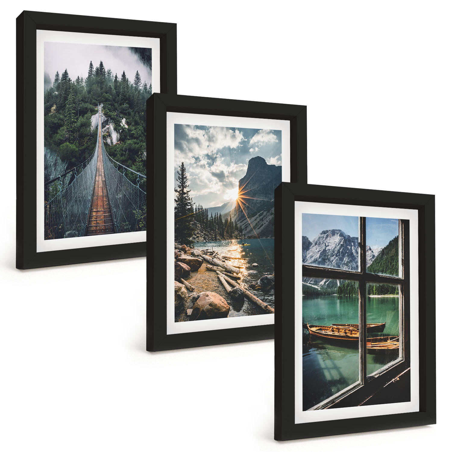 BILDER SET 3er Set - 20x30 cm Schwarzer Rahmen - Brücke, Wald, See, Boote, Berge - Schwarz, Kunststoff (20/30cm) - TULUP