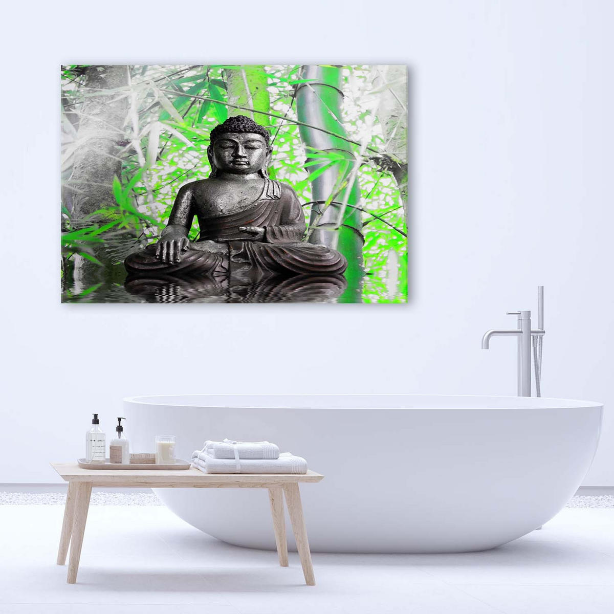 WANDBILD Buddha und Blätter - Grün, Textil (60/40cm) - Feeby