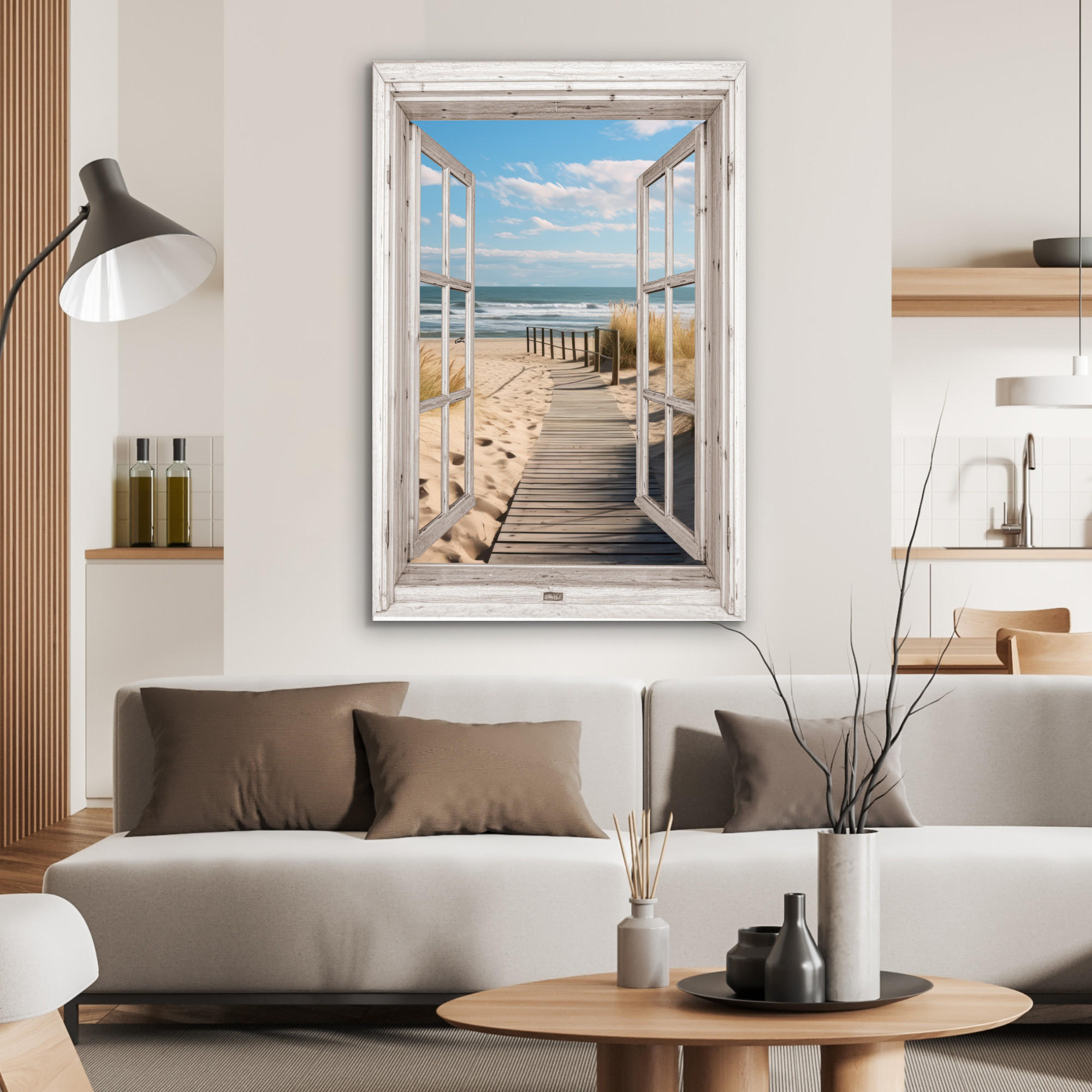 METALLBILD Fenster - Meer - Küste - Natur - Ausblick - Strand - Wattenmeer 60x90 cm - Beige, Metall (60/90cm) - MuchoWow