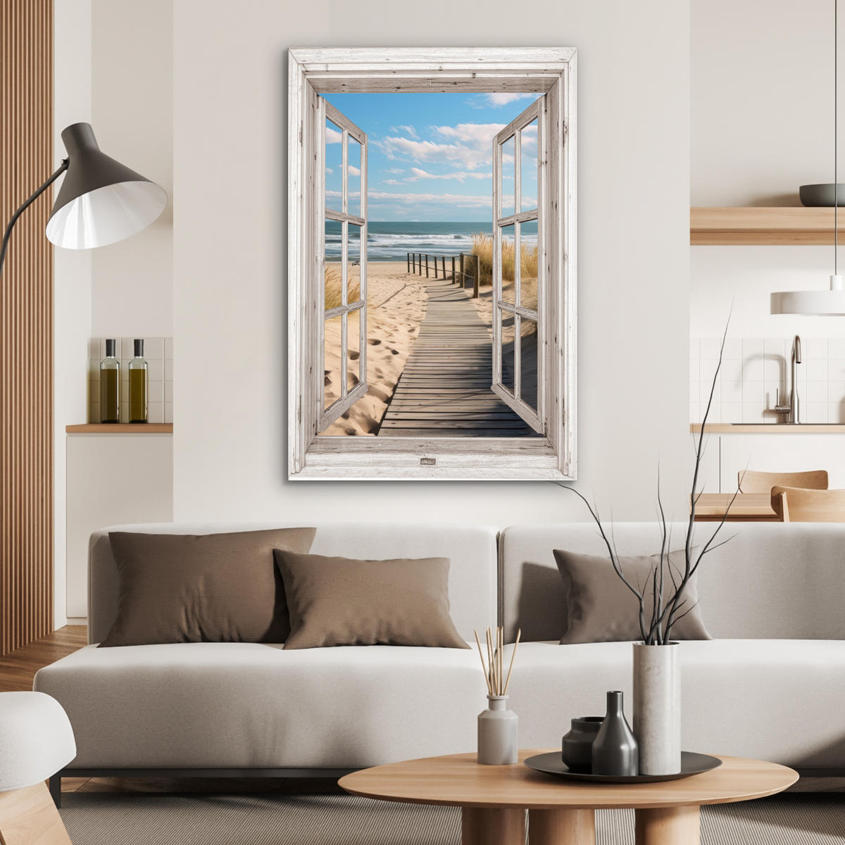 METALLBILD Fenster - Meer - Küste - Natur - Ausblick - Strand - Wattenmeer 60x90 cm - Beige, Metall (60/90cm) - MuchoWow