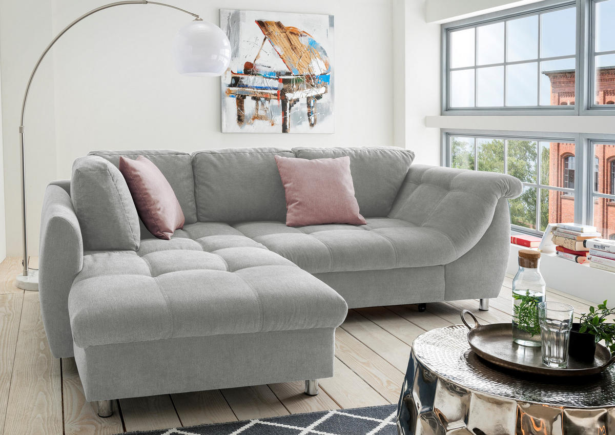 ECKSOFA mit Schlaffunktion, Bettkasten, Wellenunterfederung, Ottomane links B250/T190/H84 cm, Liegefl. 179x190 cm, Mikrofaser Grau / 17002 - Chromfarben/Grau, Textil/Metall (250/190cm) - luma-home