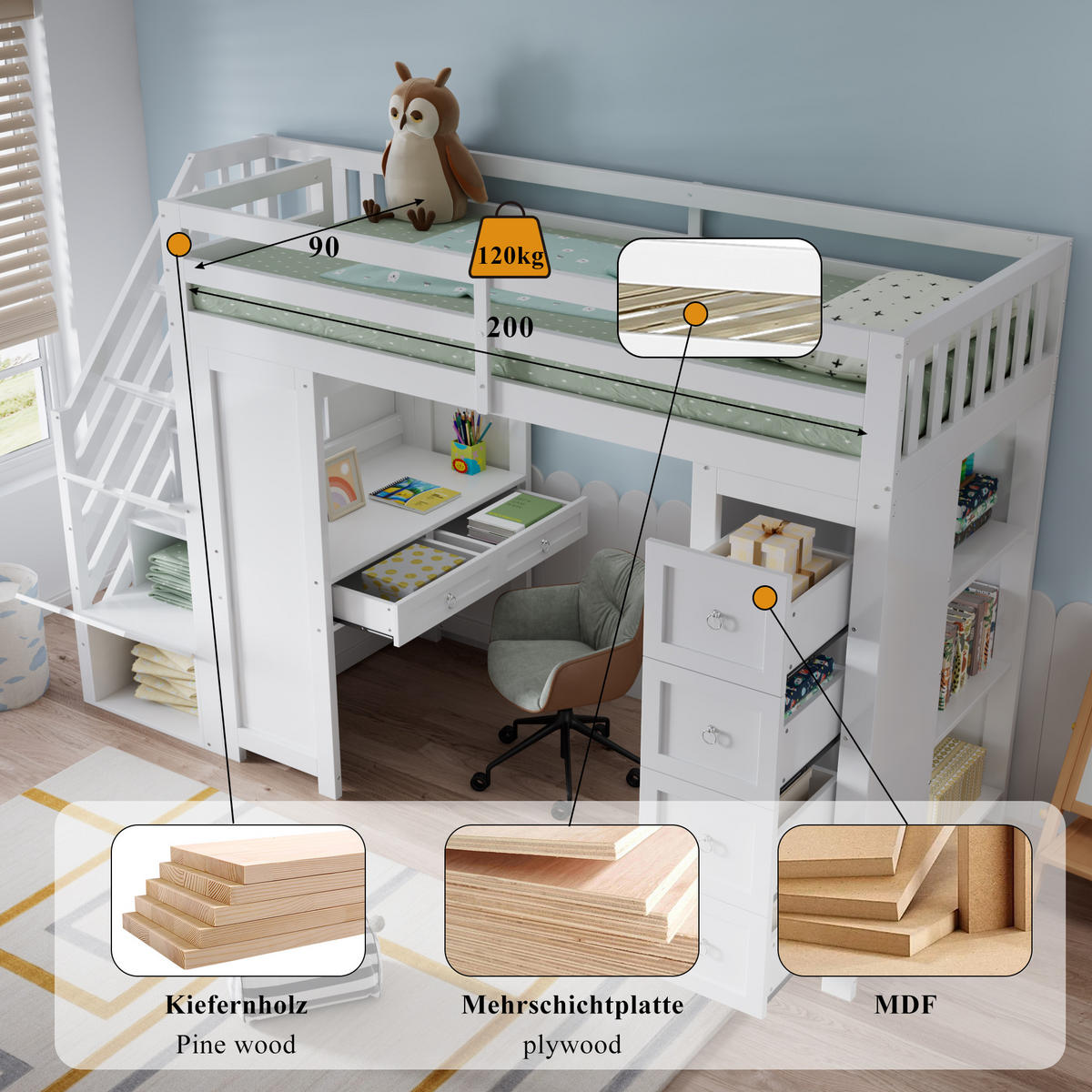 HOCHBETT 90/200 cm in Weiß mit Schubladen, Regal und Schreibtisch - Weiß, Holzwerkstoff (90/200cm) - STILVORA