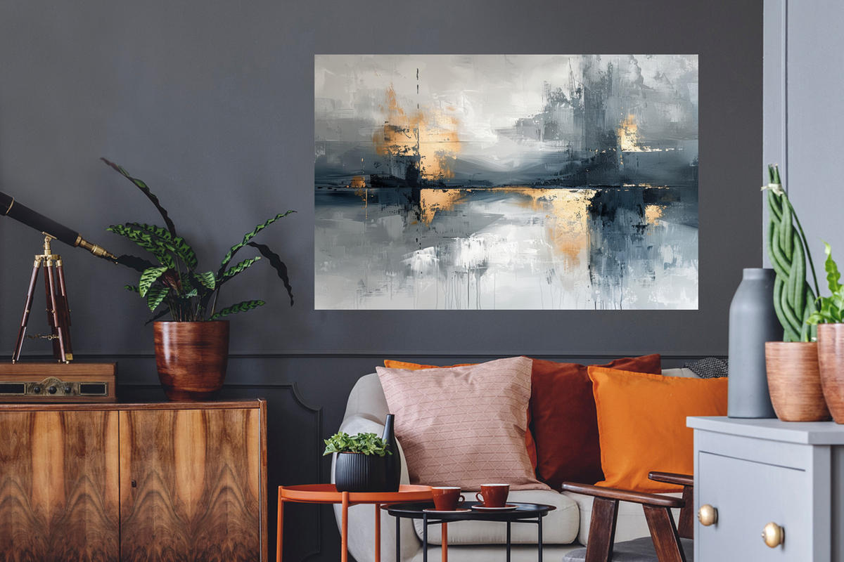 WANDTATTOO Kunst - Grau - Gold - Abstrakt 120x80 cm - Dunkelgrau, Kunststoff (120/80/0.1cm) - MuchoWow