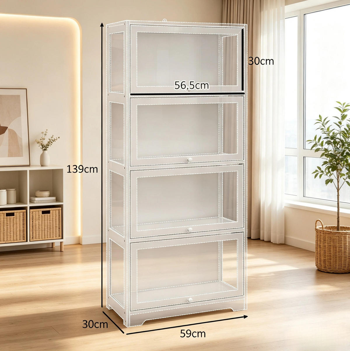 VITRINENSCHRANK in Weiß 59x30x139 cm mit 4 Fächern und Schiebetüren - Weiß, Holzwerkstoff (30/139/59cm) - IVMEU